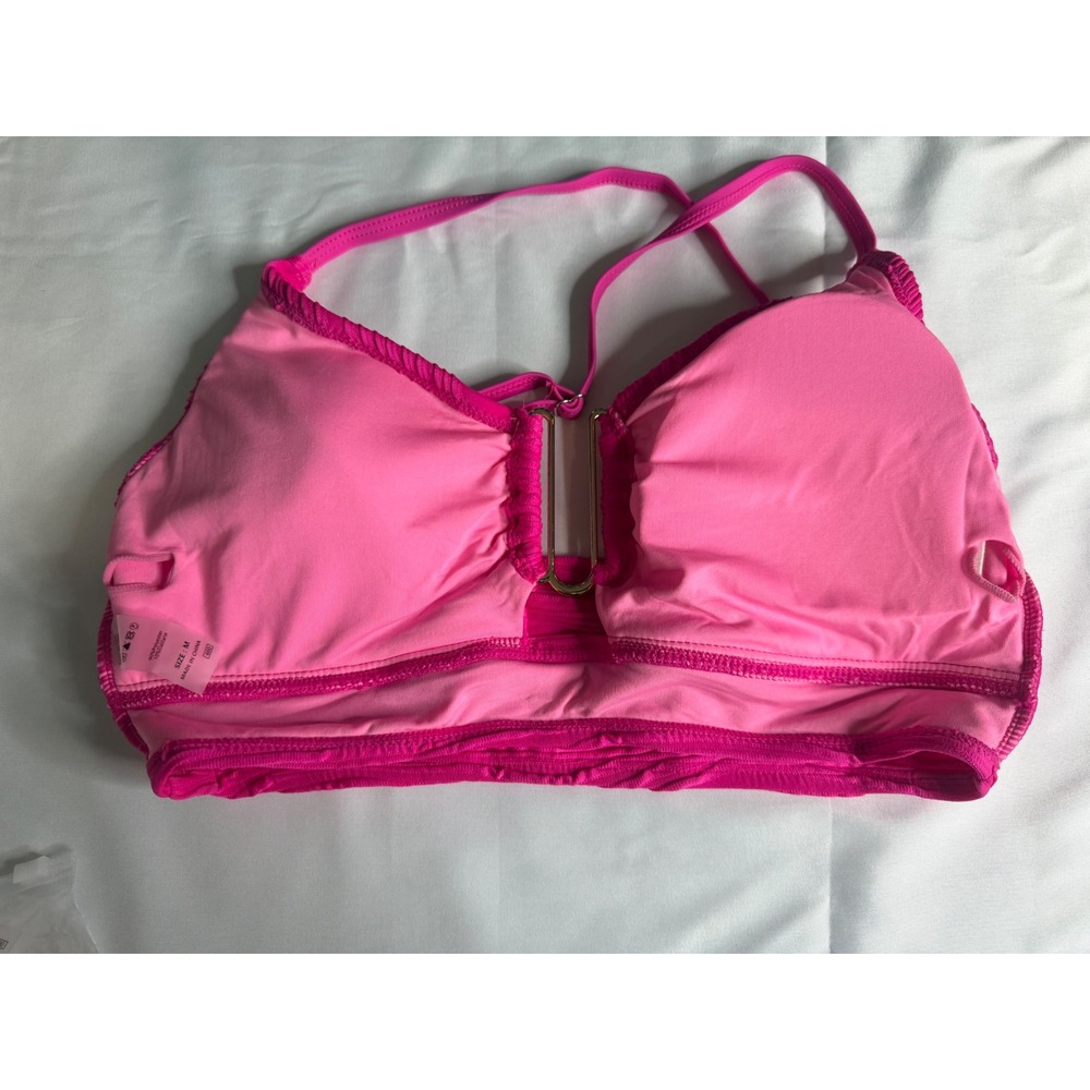Hot Pink Textured U-Ring High Waisted Bikini Set Size M Neon Pink Swimsuit - Picture 4 of 6